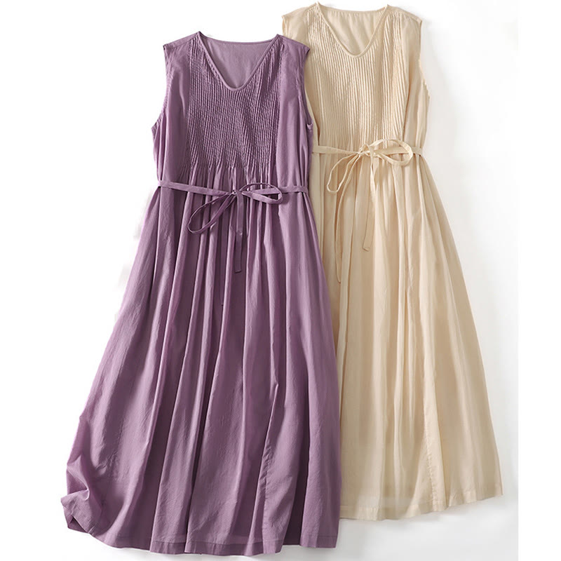 Breathable Cotton-Linen Accordion Pleat Mindful Midi Dress