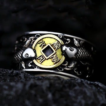 925 Sterling Silver & Copper Koi Fish Chinese Coin Auspicious Clouds Adjustable Ring