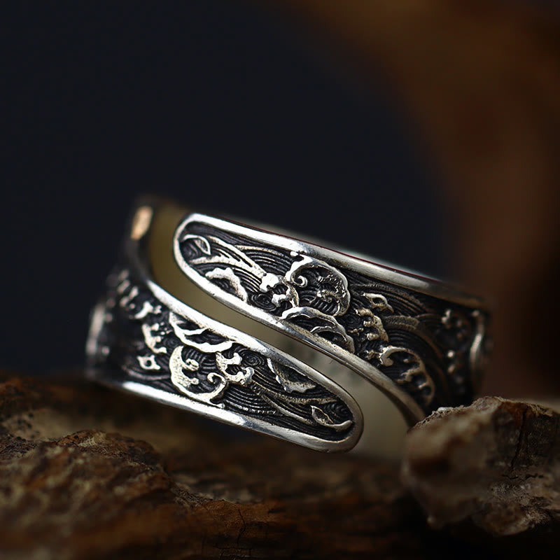 925 Sterling Silver & Copper Koi Fish Chinese Coin Auspicious Clouds Adjustable Ring