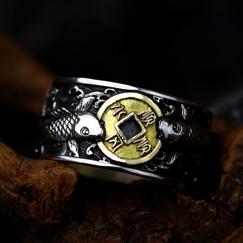 925 Sterling Silver & Copper Koi Fish Chinese Coin Auspicious Clouds Adjustable Ring