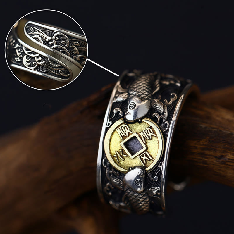 925 Sterling Silver & Copper Koi Fish Chinese Coin Auspicious Clouds Adjustable Ring