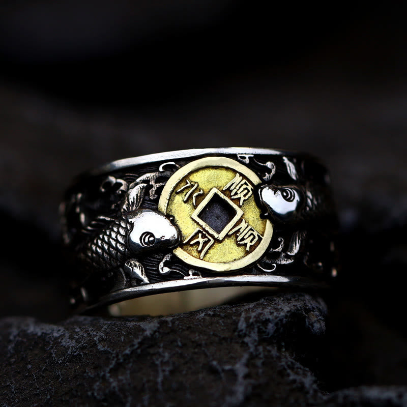 925 Sterling Silver & Copper Koi Fish Chinese Coin Auspicious Clouds Adjustable Ring