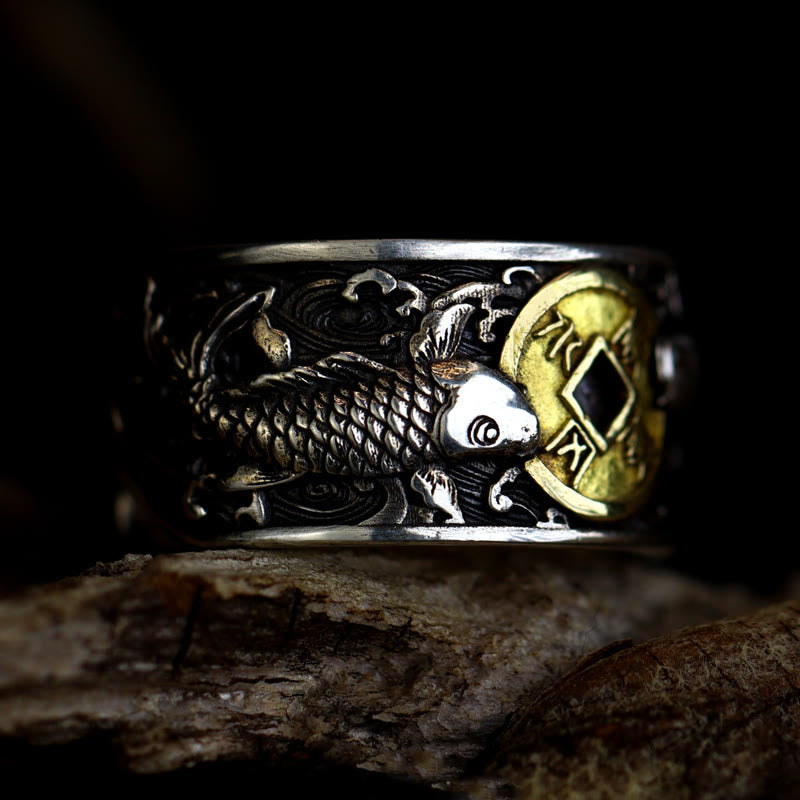 925 Sterling Silver & Copper Koi Fish Chinese Coin Auspicious Clouds Adjustable Ring