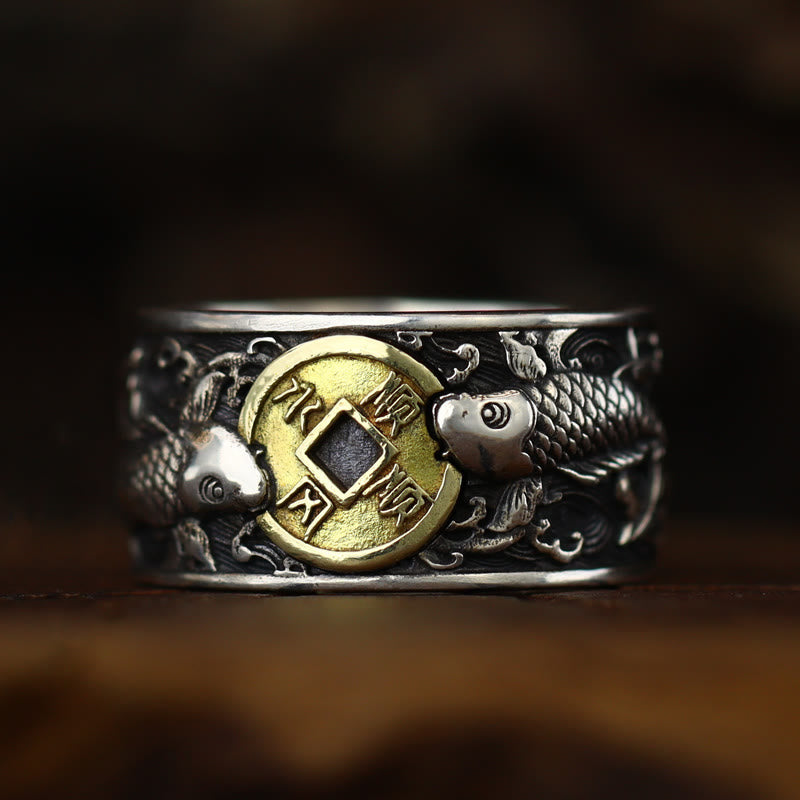 925 Sterling Silver & Copper Koi Fish Chinese Coin Auspicious Clouds Adjustable Ring