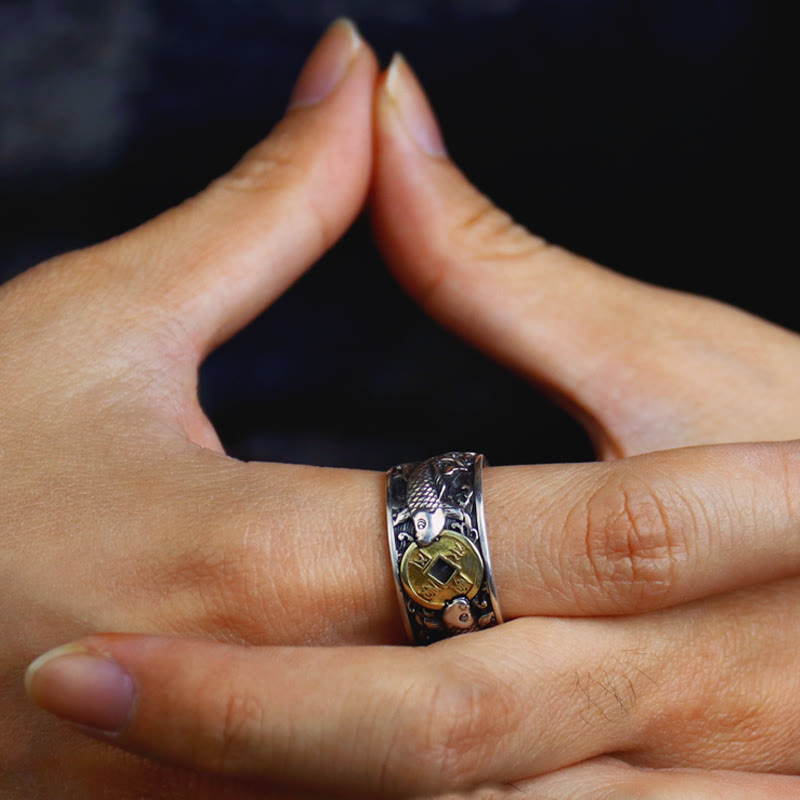 925 Sterling Silver & Copper Koi Fish Chinese Coin Auspicious Clouds Adjustable Ring