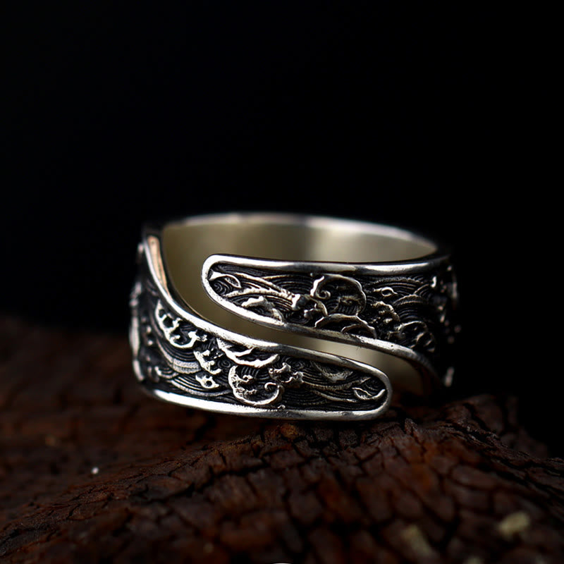 925 Sterling Silver & Copper Koi Fish Chinese Coin Auspicious Clouds Adjustable Ring