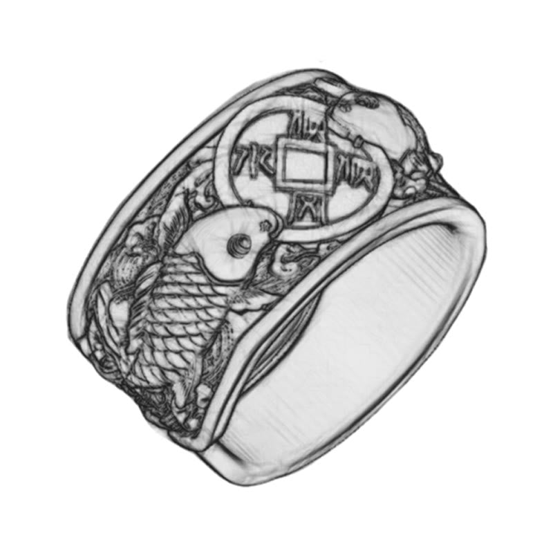 925 Sterling Silver & Copper Koi Fish Chinese Coin Auspicious Clouds Adjustable Ring