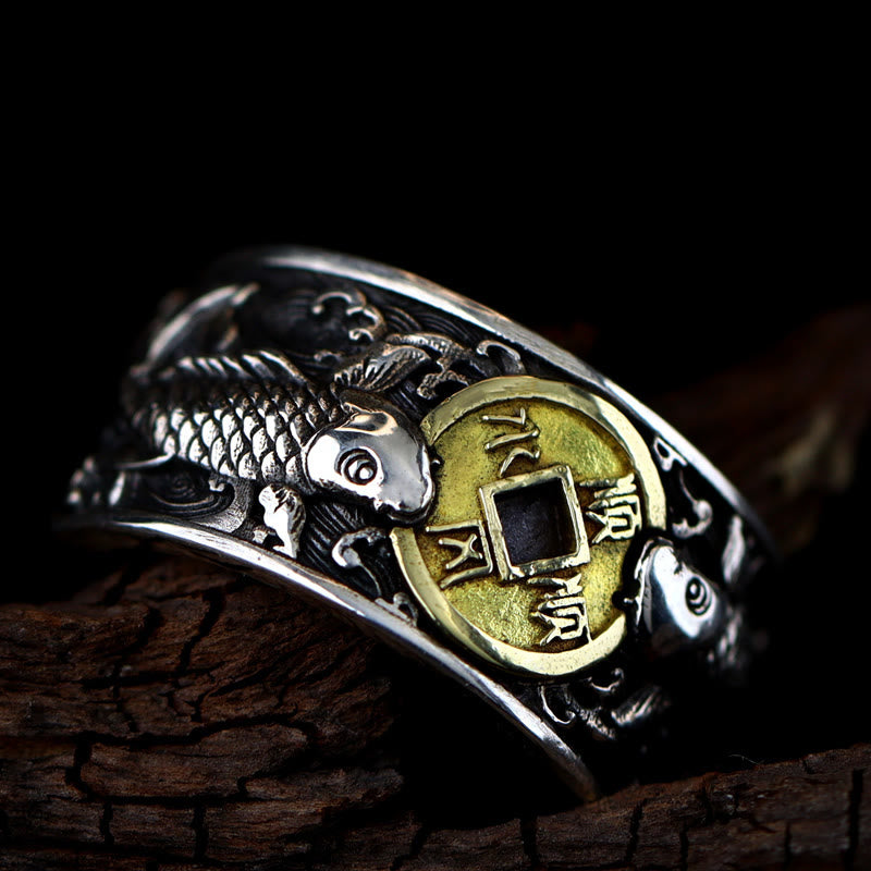 925 Sterling Silver & Copper Koi Fish Chinese Coin Auspicious Clouds Adjustable Ring