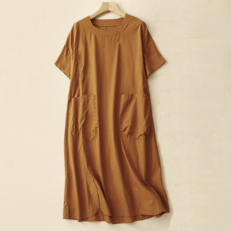 Summer Plain Crew Neck Simple Short Sleeve Design Midi Dress With Pockets