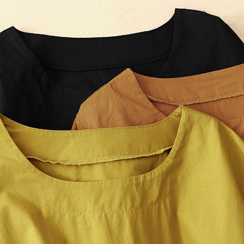 Summer Plain Crew Neck Simple Short Sleeve Design Midi Dress With Pockets