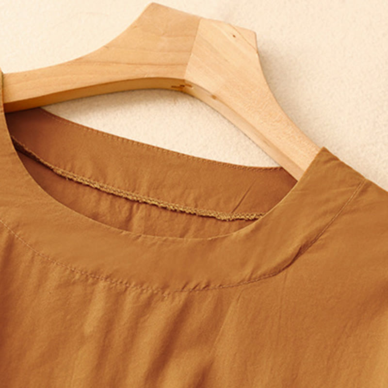 Summer Plain Crew Neck Simple Short Sleeve Design Midi Dress With Pockets