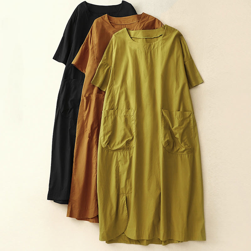 Summer Plain Crew Neck Simple Short Sleeve Design Midi Dress With Pockets