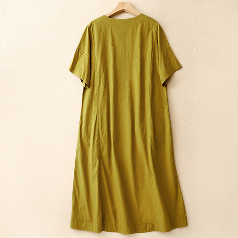 Summer Plain Crew Neck Simple Short Sleeve Design Midi Dress With Pockets