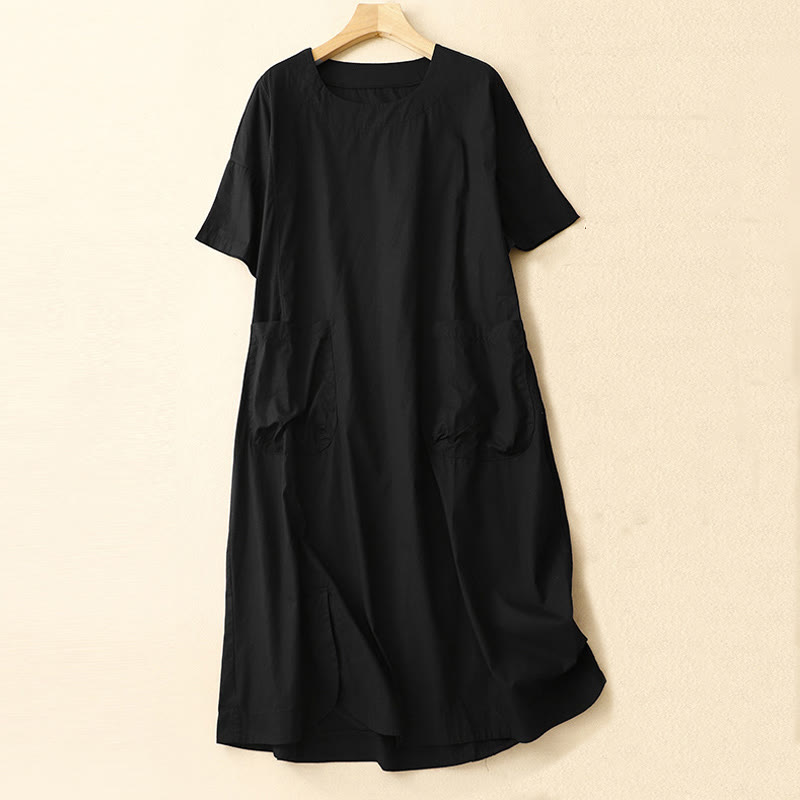 Summer Plain Crew Neck Simple Short Sleeve Design Midi Dress With Pockets