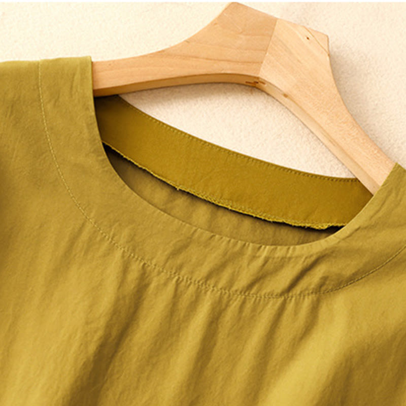 Summer Plain Crew Neck Simple Short Sleeve Design Midi Dress With Pockets