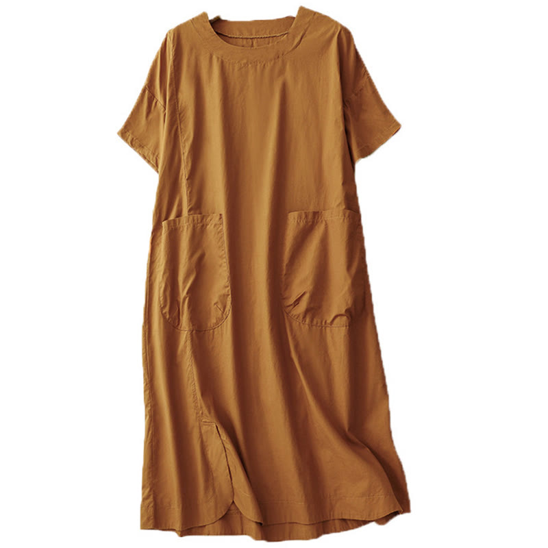 Summer Plain Crew Neck Simple Short Sleeve Design Midi Dress With Pockets