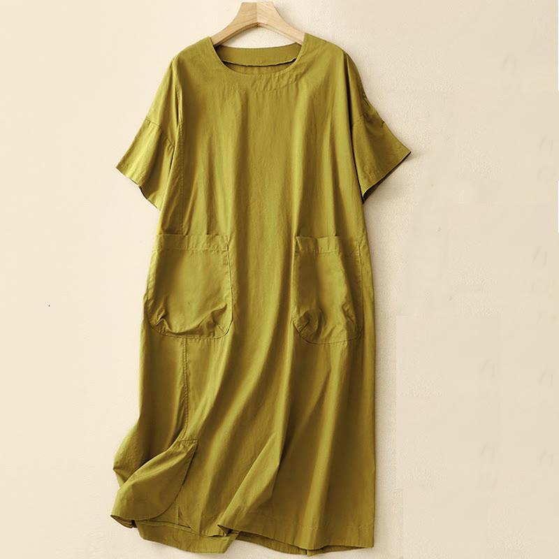 Summer Plain Crew Neck Simple Short Sleeve Design Midi Dress With Pockets