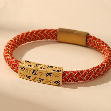 Tibetan Om Mani Padme Hum Gold Thread Endless Knot Red String Cord Bracelet