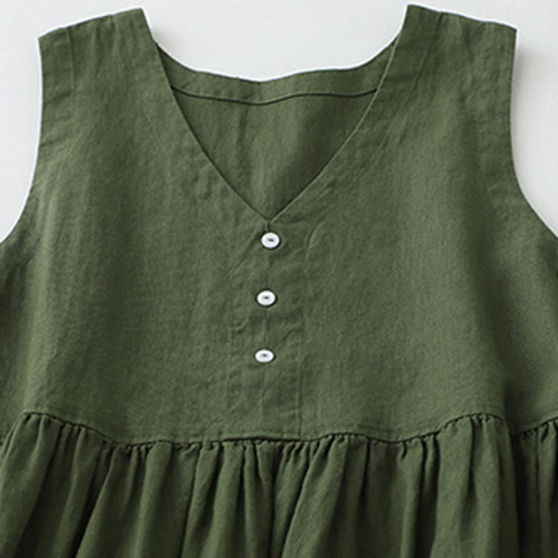 Cotton Linen Sleeveless V-Neck Grounding Midi Dress