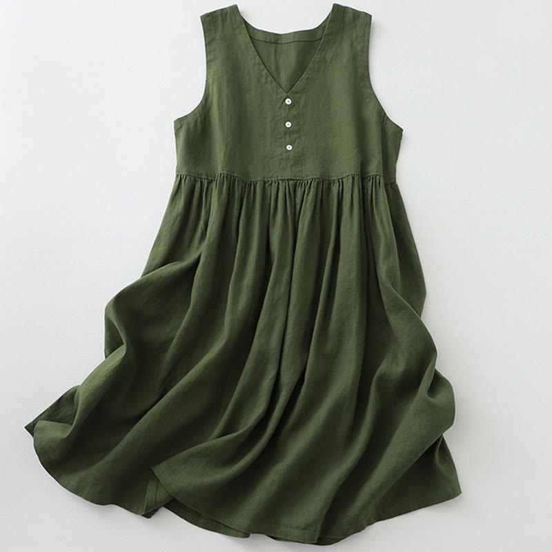 Cotton Linen Sleeveless V-Neck Grounding Midi Dress
