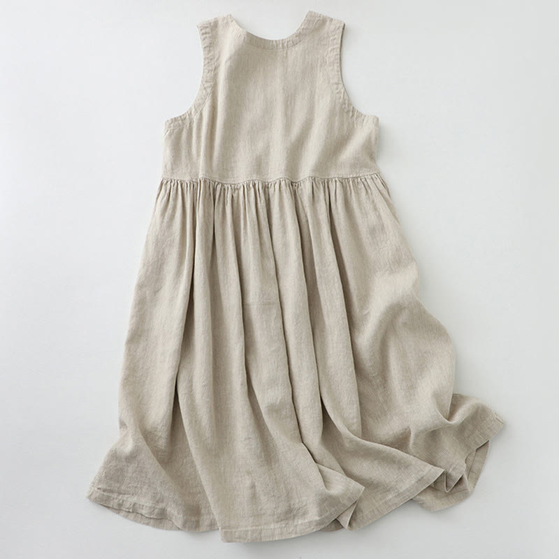 Cotton Linen Sleeveless V-Neck Grounding Midi Dress