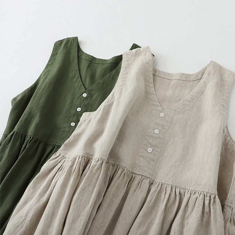 Cotton Linen Sleeveless V-Neck Grounding Midi Dress
