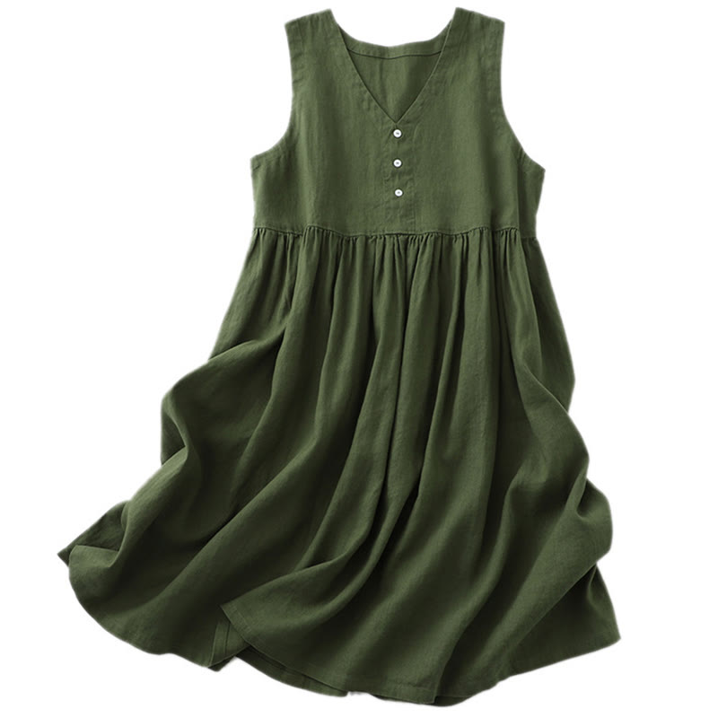 Cotton Linen Sleeveless V-Neck Grounding Midi Dress