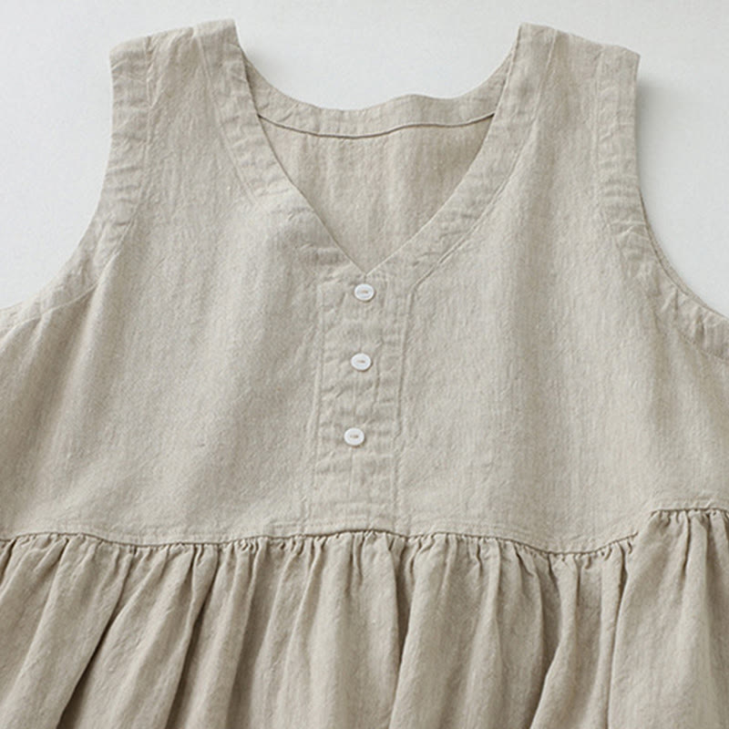 Cotton Linen Sleeveless V-Neck Grounding Midi Dress