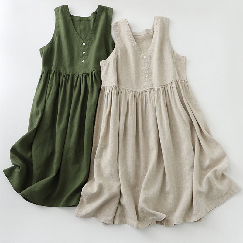 Cotton Linen Sleeveless V-Neck Grounding Midi Dress