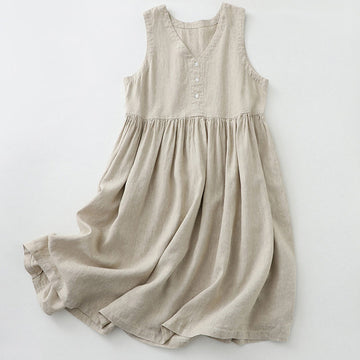 Cotton Linen Sleeveless V-Neck Grounding Midi Dress