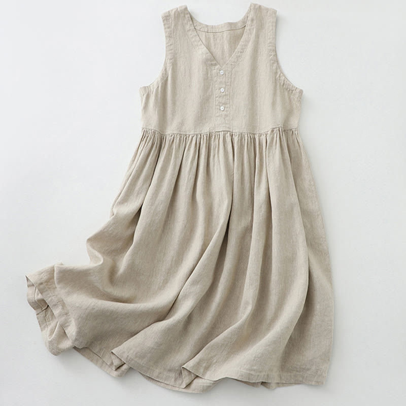 Cotton Linen Sleeveless V-Neck Grounding Midi Dress