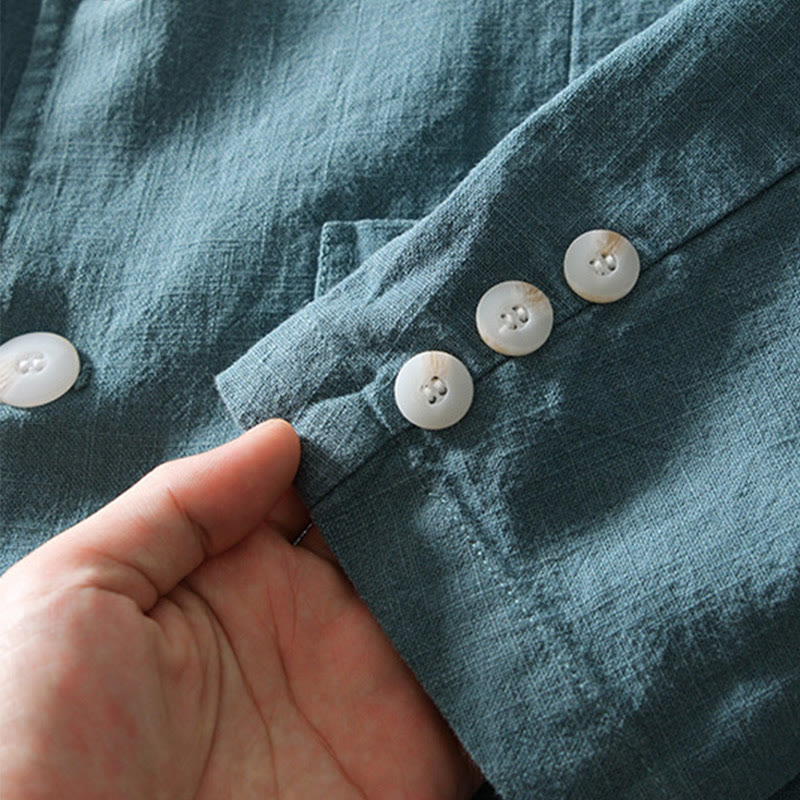 Long Sleeve Button Placket Design Men's Cotton Linen Jacket Shirt With Pockets