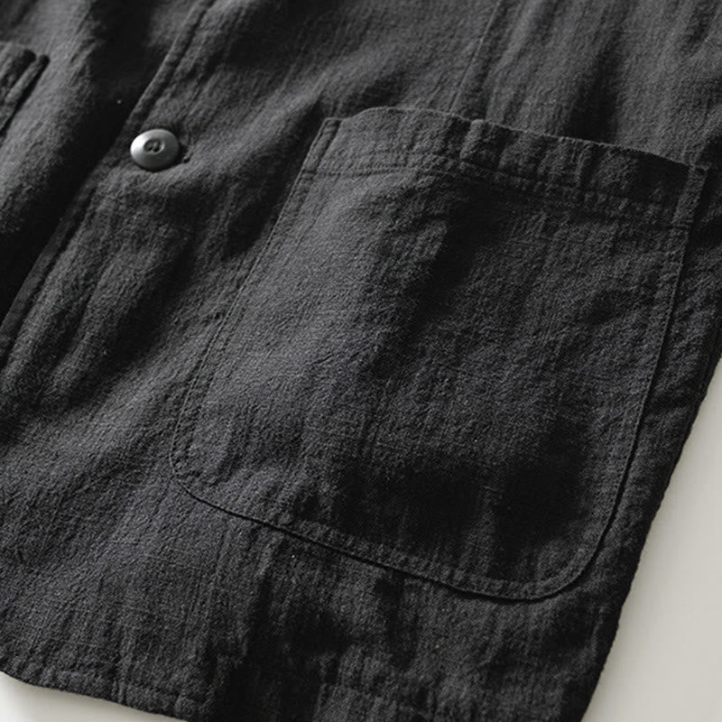Long Sleeve Button Placket Design Men's Cotton Linen Jacket Shirt With Pockets
