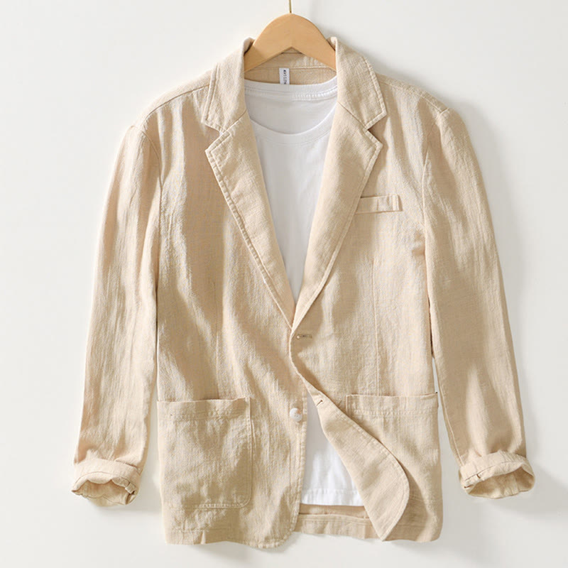 Long Sleeve Button Placket Design Men's Cotton Linen Jacket Shirt With Pockets