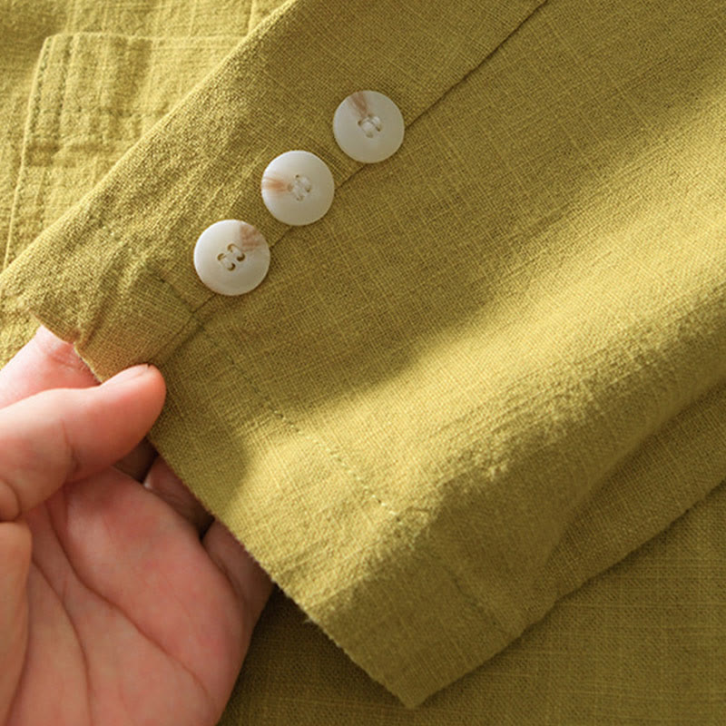 Long Sleeve Button Placket Design Men's Cotton Linen Jacket Shirt With Pockets