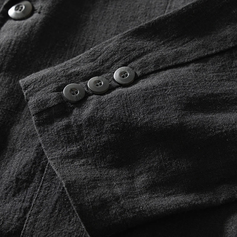 Long Sleeve Button Placket Design Men's Cotton Linen Jacket Shirt With Pockets