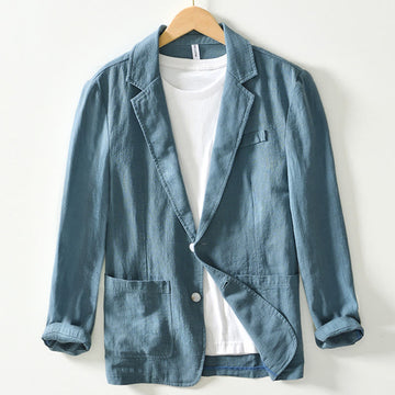 Long Sleeve Button Placket Design Men's Cotton Linen Jacket Shirt With Pockets