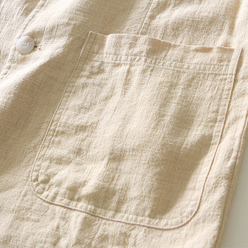 Long Sleeve Button Placket Design Men's Cotton Linen Jacket Shirt With Pockets
