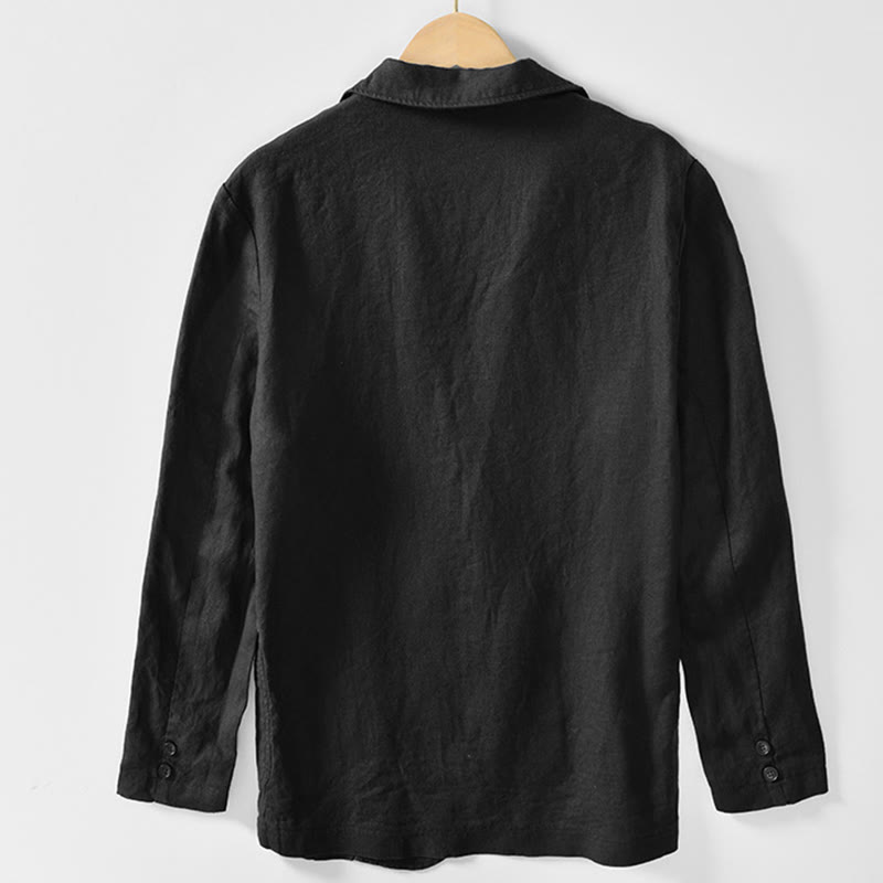 Long Sleeve Button Placket Design Men's Cotton Linen Jacket Shirt With Pockets