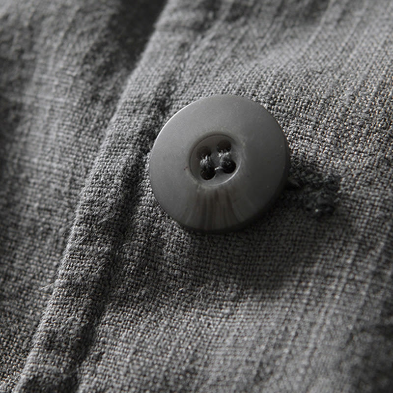 Long Sleeve Button Placket Design Men's Cotton Linen Jacket Shirt With Pockets