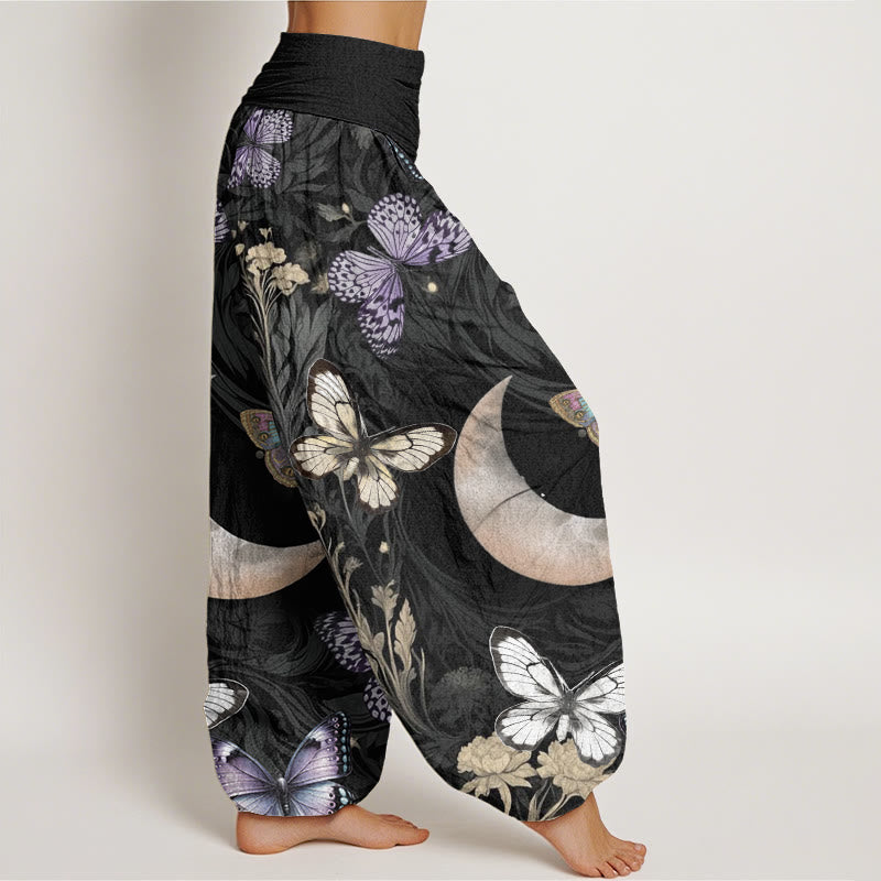 Cotton Butterfly Flowers Crescent Moon Pattern Design Women's Elastic Waist Harem Pants