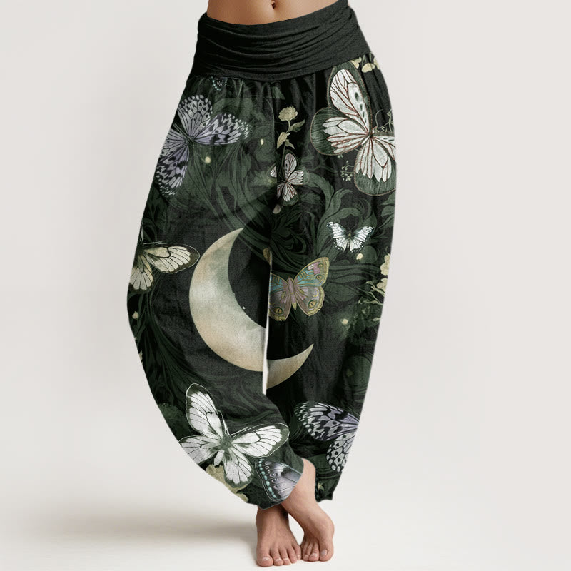 Cotton Butterfly Flowers Crescent Moon Pattern Design Women's Elastic Waist Harem Pants