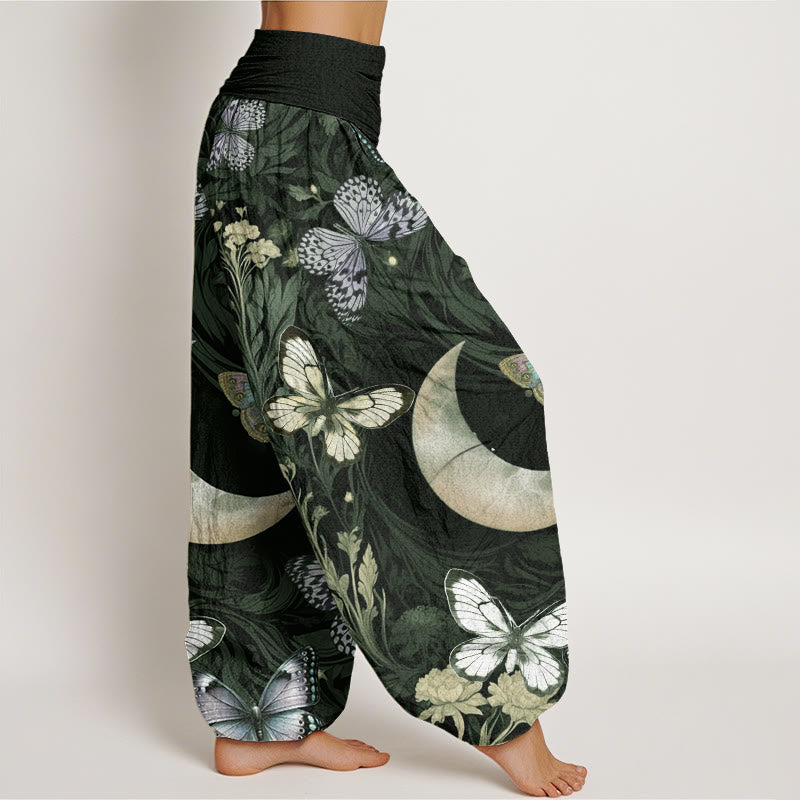 Cotton Butterfly Flowers Crescent Moon Pattern Design Women's Elastic Waist Harem Pants