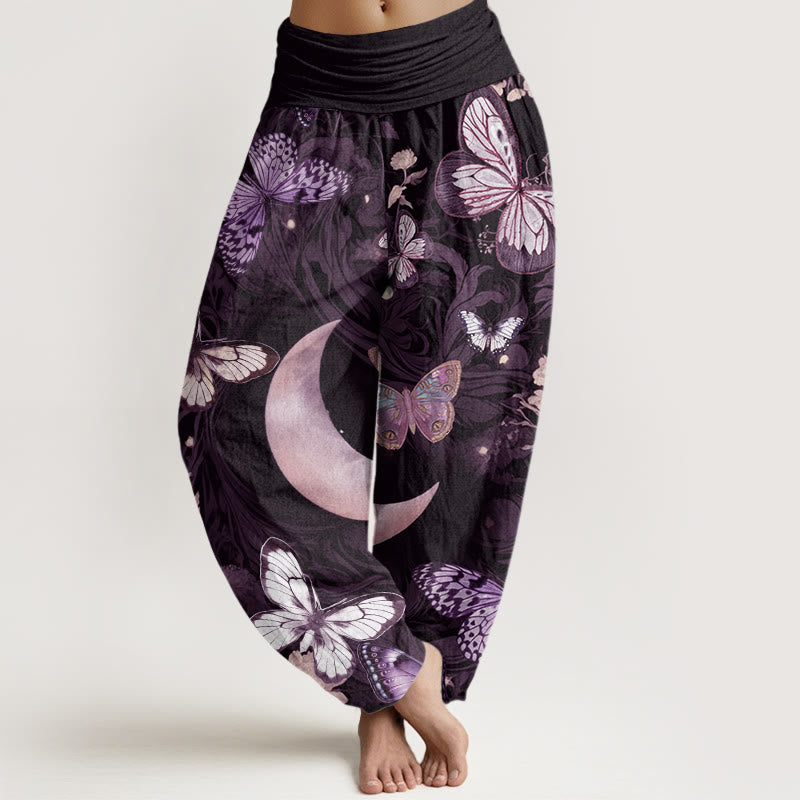 Cotton Butterfly Flowers Crescent Moon Pattern Design Women's Elastic Waist Harem Pants