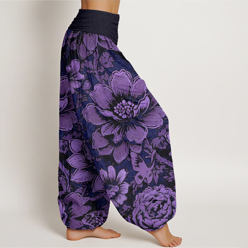 Cotton Peony Flowers Butterfly Pattern Design Women's Elastic Waist Harem Pants