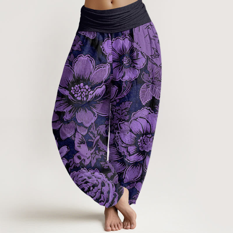 Cotton Peony Flowers Butterfly Pattern Design Women's Elastic Waist Harem Pants
