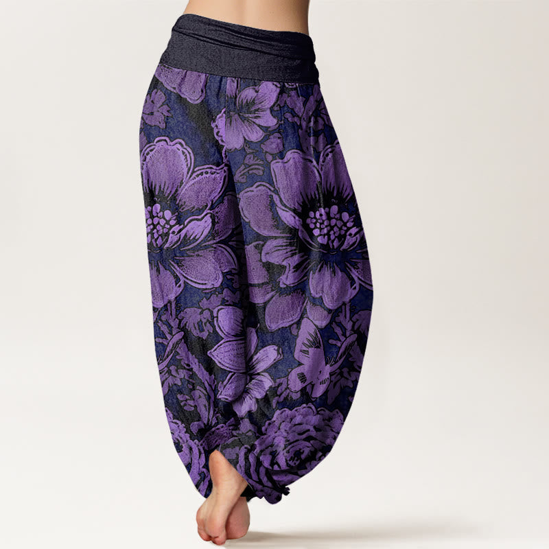 Cotton Peony Flowers Butterfly Pattern Design Women's Elastic Waist Harem Pants