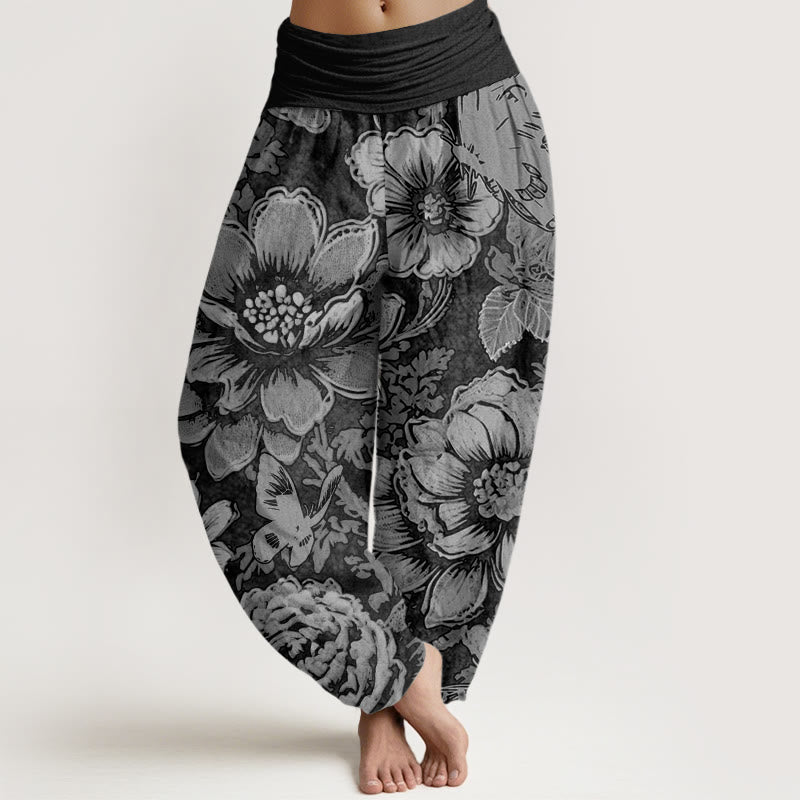 Cotton Peony Flowers Butterfly Pattern Design Women's Elastic Waist Harem Pants