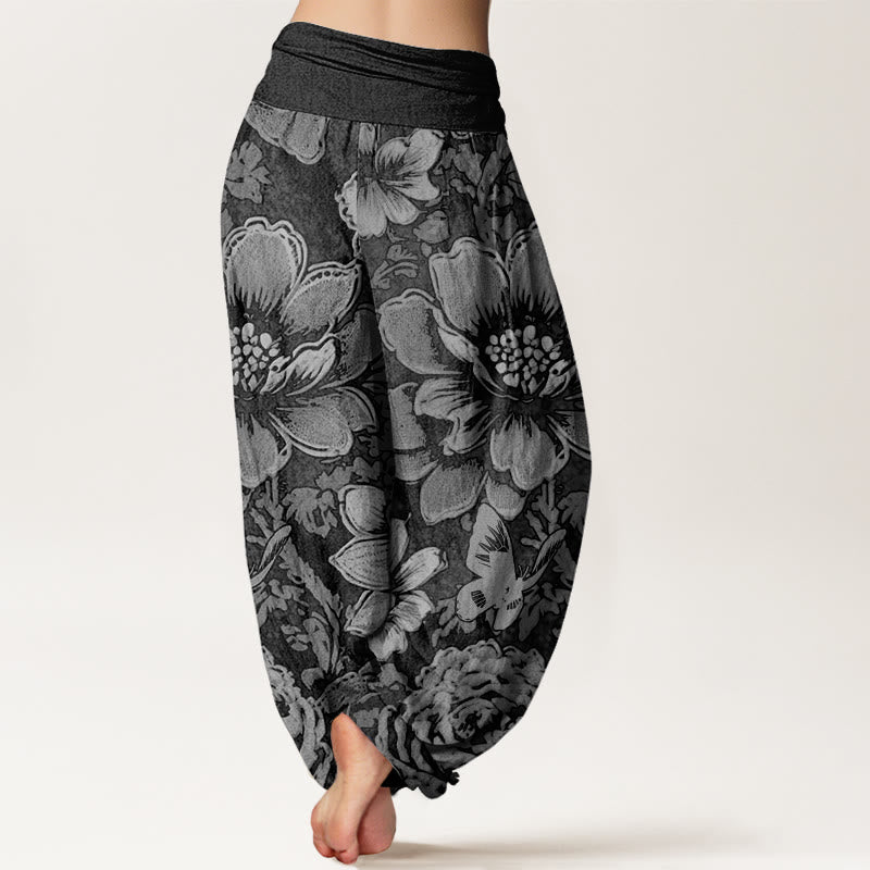 Cotton Peony Flowers Butterfly Pattern Design Women's Elastic Waist Harem Pants