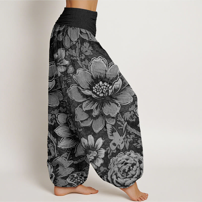 Cotton Peony Flowers Butterfly Pattern Design Women's Elastic Waist Harem Pants
